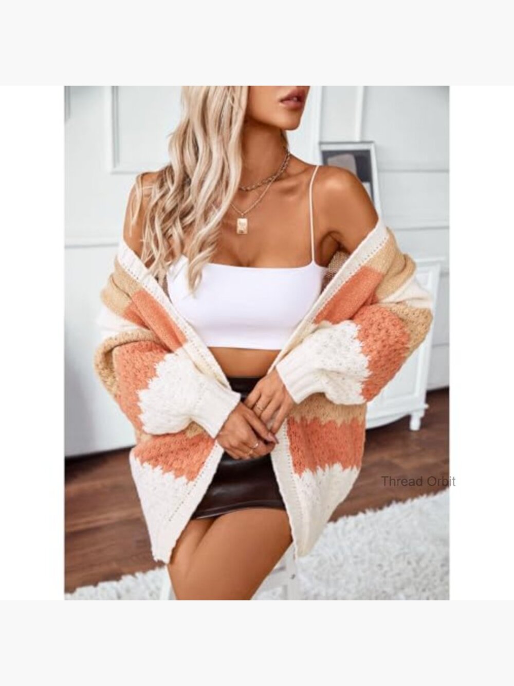 Long Sleeve Color Block Chunky Cable Knit Oversized Cardigan - Picture 5 of 7